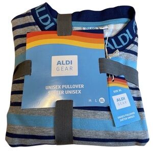 ALDI GEAR GRAY/NAVY/BLUE STRIPED SWEATSHIRT PULLOVER